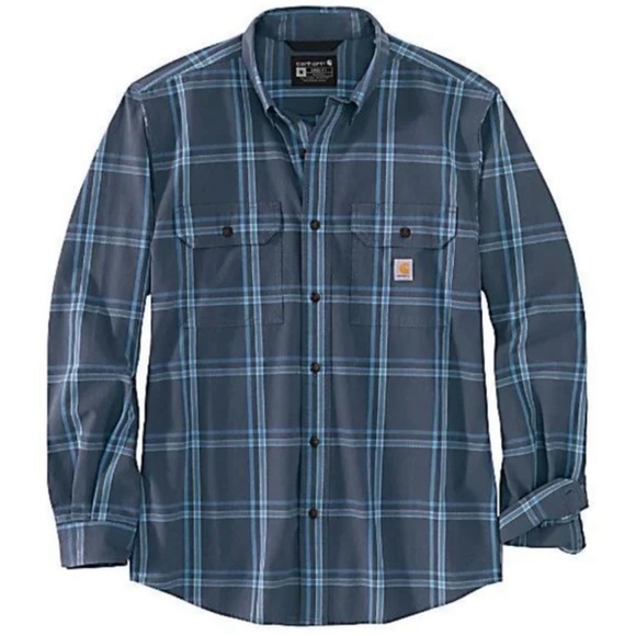 Carhartt Men's Long Sleeve Chambray Plaid Button Down Shirt, Bluestone - Picture 1 of 14